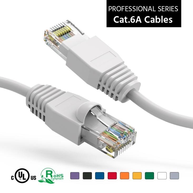 Two connectors of a Nippon Labs Cat 6A UTP Ethernet Network Booted Cable are displayed.